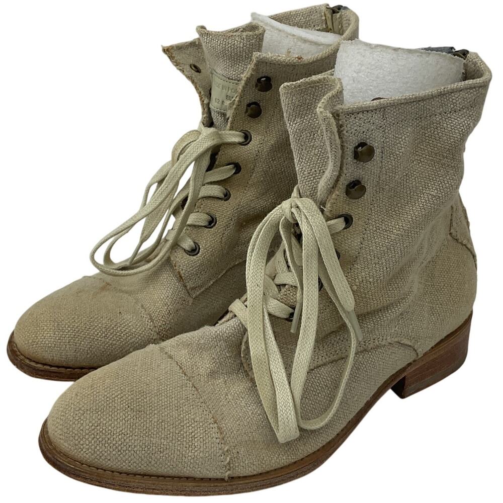 N.D.C. Made By Hand Lace-Up Combat Boots Beige Textile Women’s Size 7 Preowned